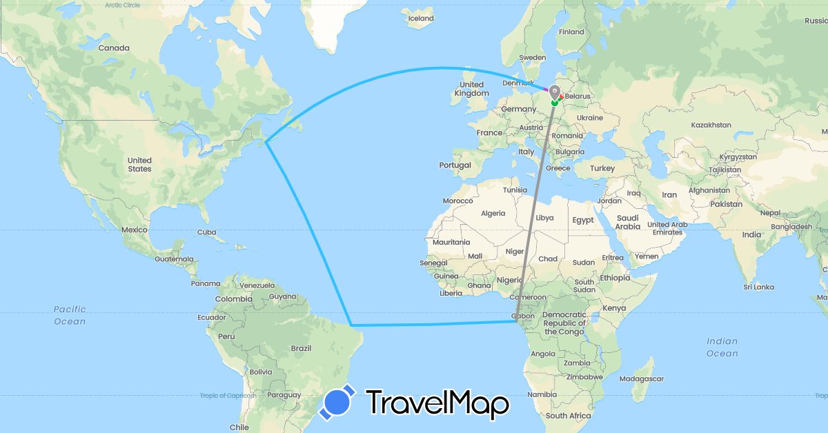 TravelMap itinerary: driving, bus, plane, train, hiking, boat in Brazil, Canada, Denmark, Gabon, Poland (Africa, Europe, North America, South America)